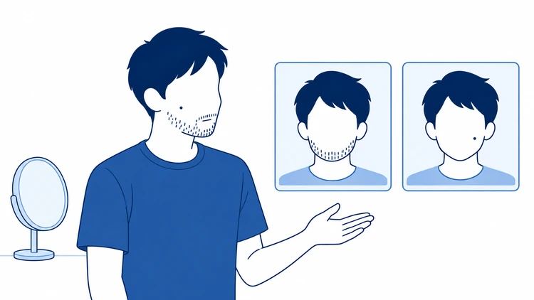 顔にヒゲと単一のほくろがある男性が、ヒゲとほくろの位置を示す2枚のカードを確認するイラスト