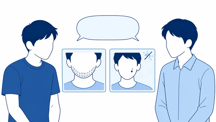 男性2人が、周囲のヒゲとほくろから生える毛を分けて示した2枚のカードを確認するイラスト