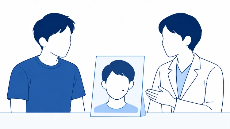 男性が医師役と、単一のほくろを示した顔のメモを確認しながら相談するイラスト