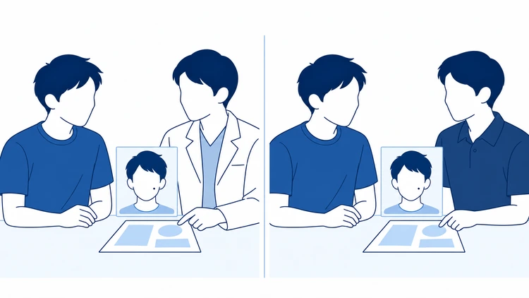 同じ男性が、顔の同じ箇所を示す資料を医師役と脱毛の相談相手にそれぞれ共有して確認するイラスト