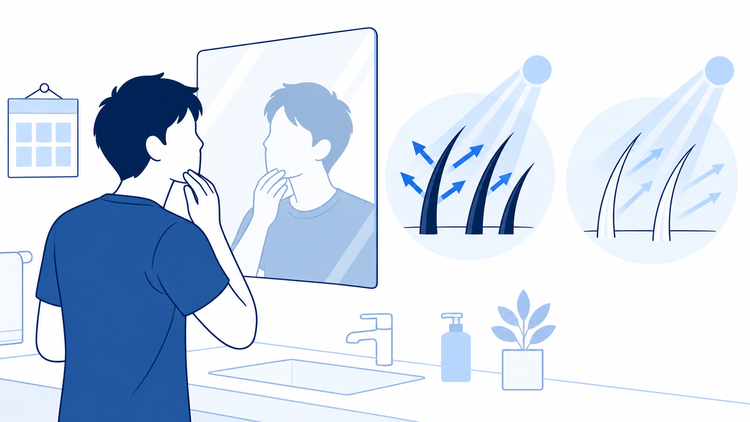 鏡でひげを確認する男性と、黒い毛と白い毛で光への反応が異なることを抽象的に示すイラスト
