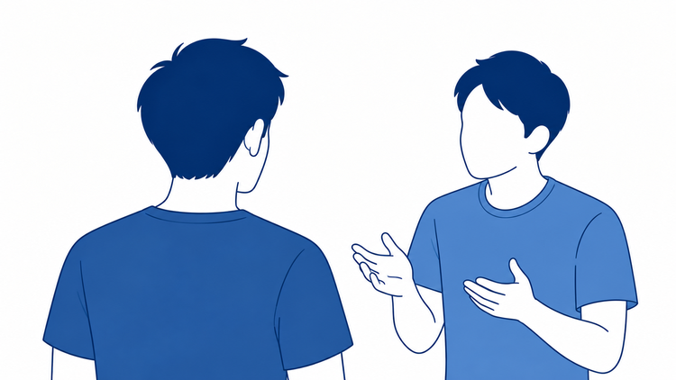 うなじについて相談する、後ろ姿の男性と相談相手のイラスト