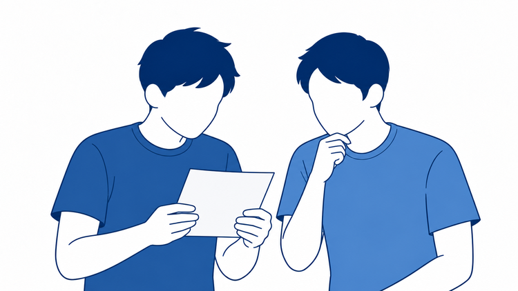 白紙のカードを見ながら相談する男性2人のイラスト