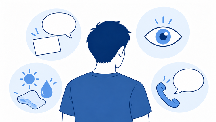 男性の後ろ姿と、確認やケアを表すアイコンのイラスト