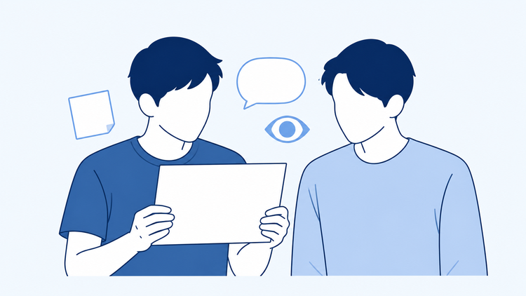 白紙のカードを見ながら確認事項を整理する男性2人のイラスト