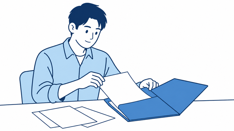書類をフォルダーにまとめる男性のイラスト