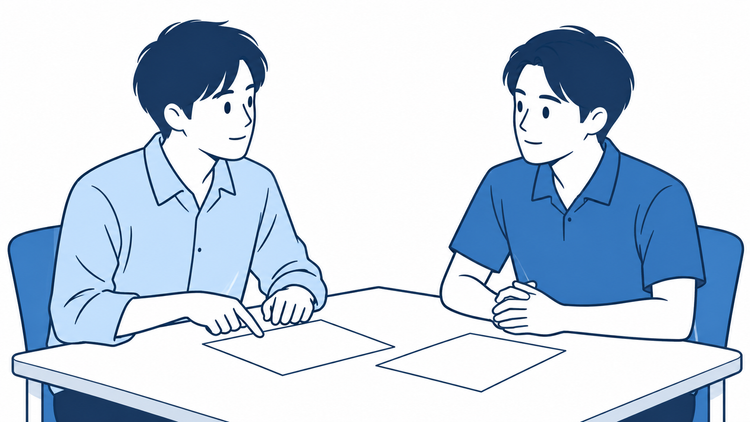 メモを示して男性スタッフに相談する男性のイラスト